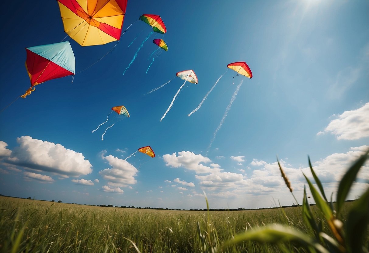 Clear blue skies, gentle breeze, open fields, and colorful kites soaring high