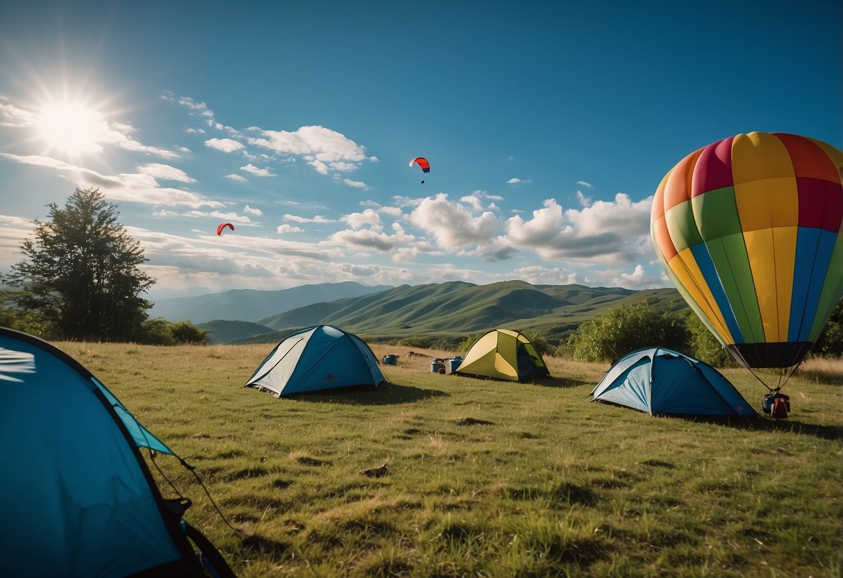 Bright blue sky with scattered clouds, rolling green hills, and a winding river. Colorful kites soaring high above the landscape, anchored by sturdy ropes. Tents and camping gear scattered around a campsite