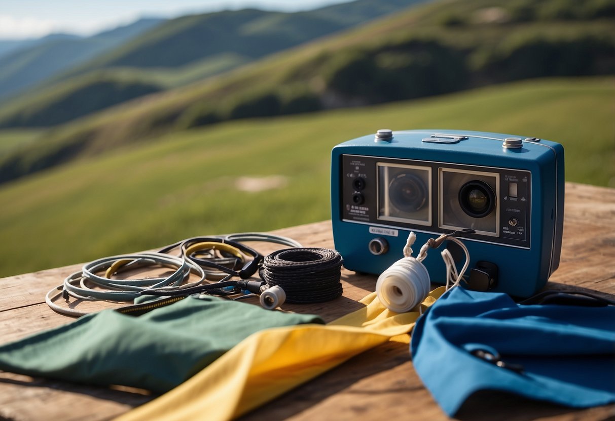 A table covered with kite-flying equipment: spare strings, reels, and repair tools. A map and checklist lay nearby. Blue skies and rolling hills in the background