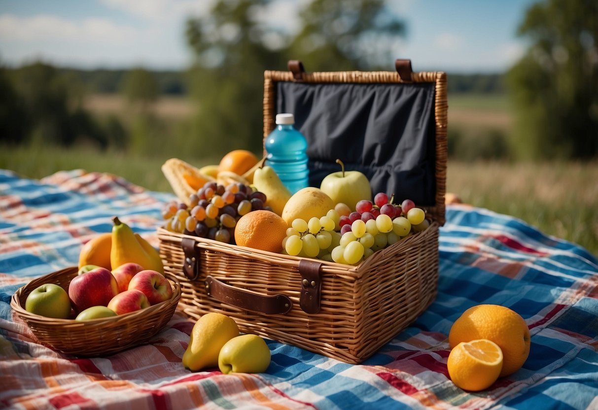 A picnic basket filled with sandwiches, fruit, and water bottles sits on a checkered blanket next to a colorful kite and a map of the area