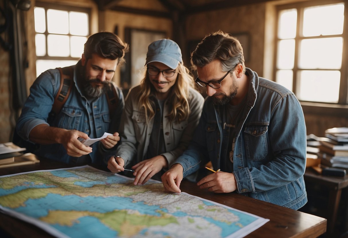 A group of kite enthusiasts carefully study a map, checking local regulations and planning a multi-day trip. They gather supplies and prepare for their adventure