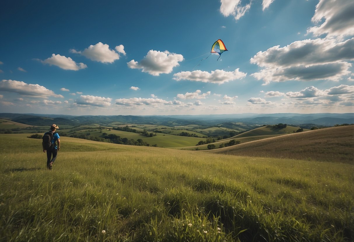 Blue sky, scattered clouds, gentle breeze, and open field with rolling hills. Kite flying gear and camping supplies scattered around. Map and weather forecast in hand