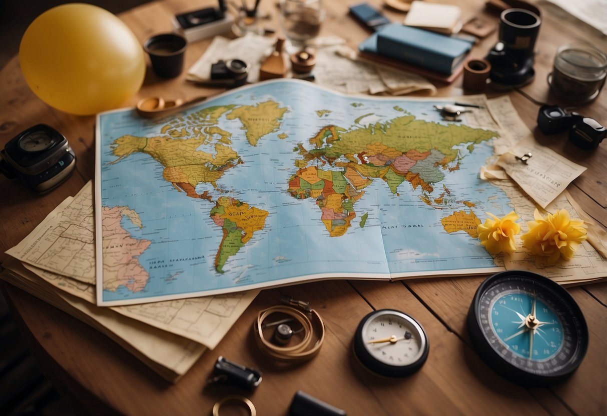 A map spread out on a table, surrounded by colorful kites, a compass, and a notebook with notes and sketches. A calendar with dates circled and a checklist of supplies for the trip