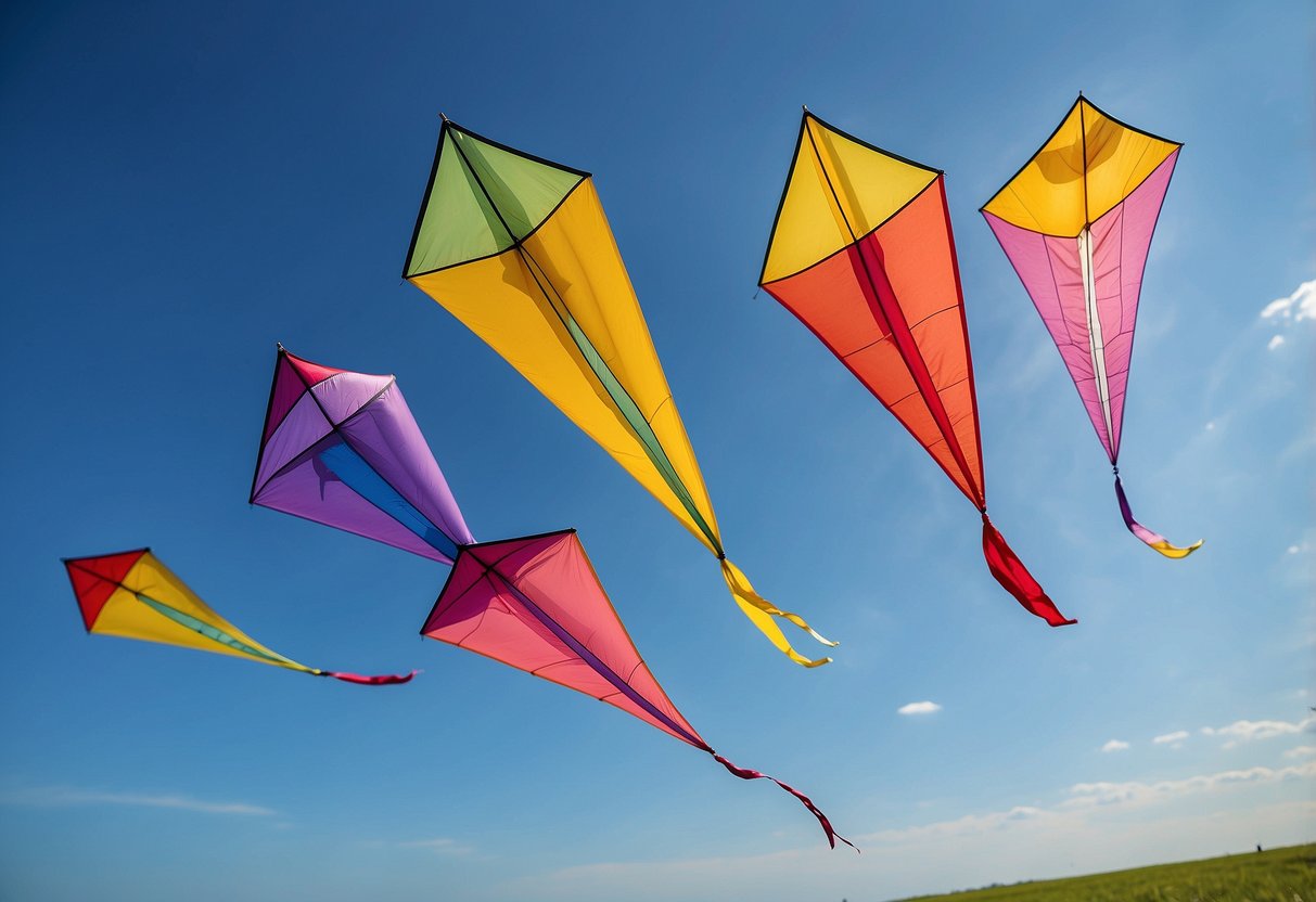Colorful kites soar in a clear blue sky, their tails fluttering in the wind. A beginner-friendly assortment of kites, each with unique designs, fills the scene