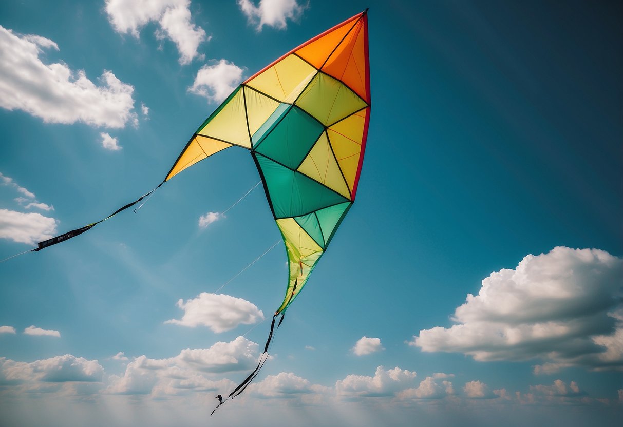 A colorful Delta 5 kite flies high in the sky, its mint green color standing out against the clouds. The New Tech Kites logo is prominently displayed on the kite's tail