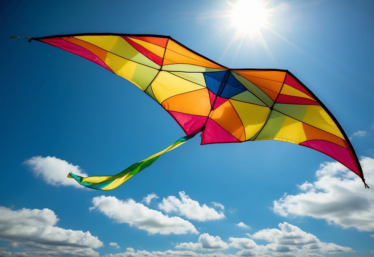 A colorful Premier Kites Beginner Stunt Kite soaring in a clear blue sky, with its long tail trailing behind, performing graceful loops and dives