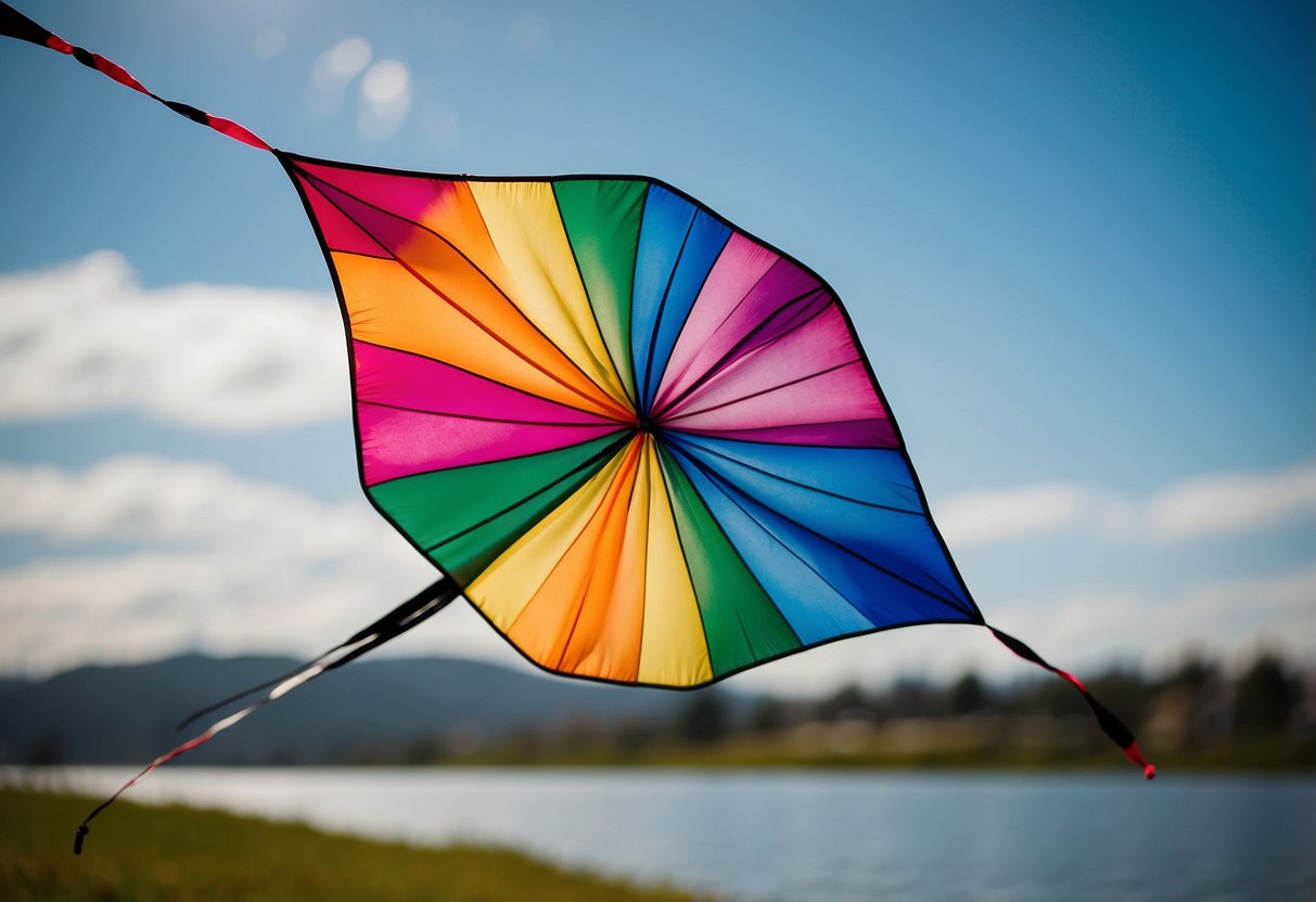 A colorful mini stunt kite soars through the sky, dancing and twirling in the wind. The bright colors and dynamic movement make it a perfect choice for beginners