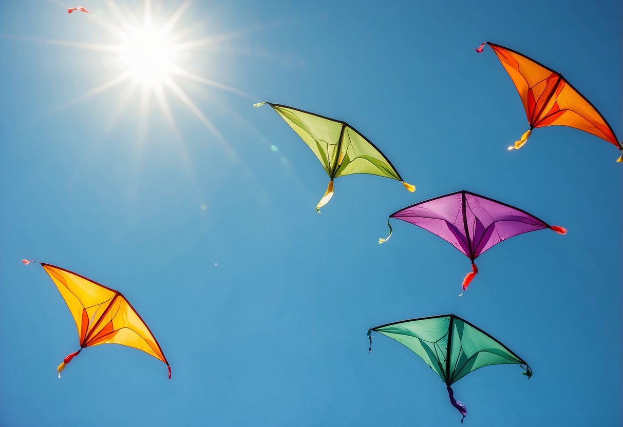 Five colorful kites flying in a clear blue sky, each with a different design and shape. The kites are easy to handle and perfect for beginners