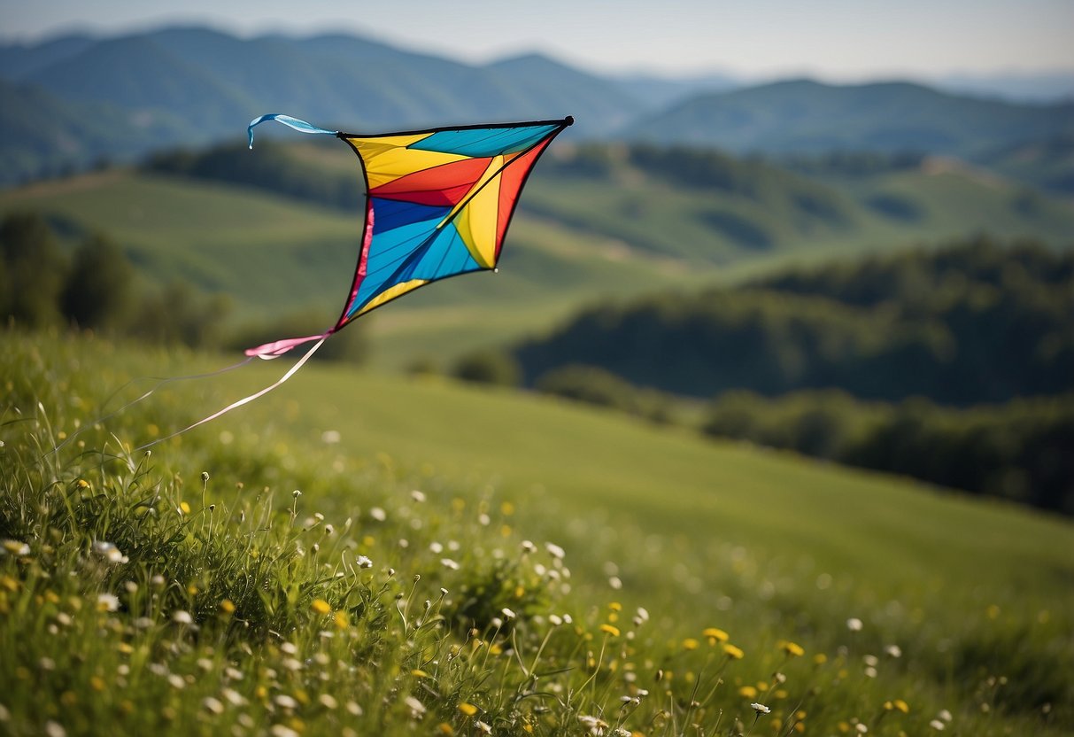 A colorful kite soars high above a lush green field, with a backdrop of rolling hills and a clear blue sky. Nearby, a tranquil lake reflects the vibrant colors of the kite as it dances in the wind