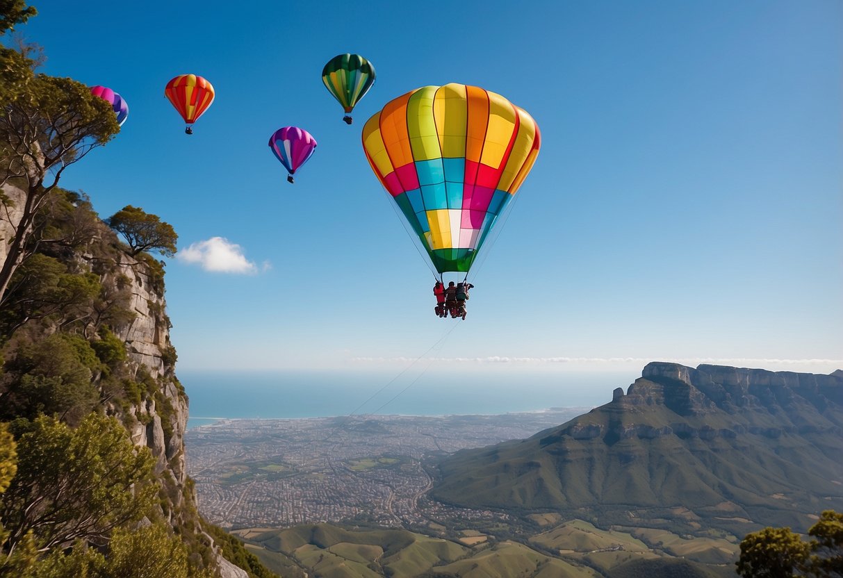 Table Mountain, South Africa, with colorful kites flying against a clear blue sky, surrounded by lush greenery and overlooking the city below