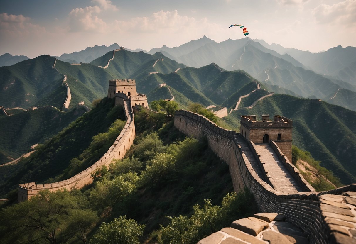 The Great Wall stretches across the rugged mountain landscape, with colorful kites soaring high above the ancient stone structure