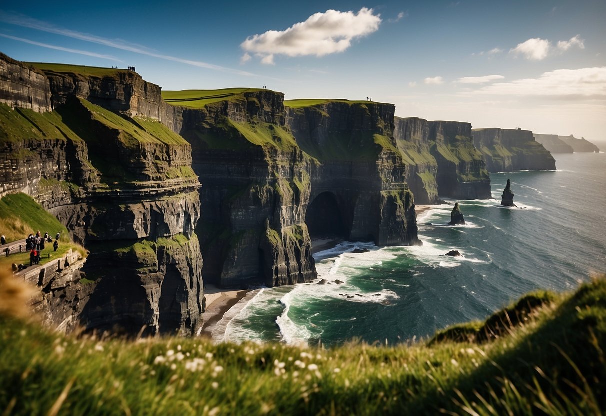 The Cliffs of Moher rise majestically from the Atlantic Ocean, with waves crashing against the rugged coastline. Kites soar high above the cliffs, against a backdrop of green fields and dramatic cliffs