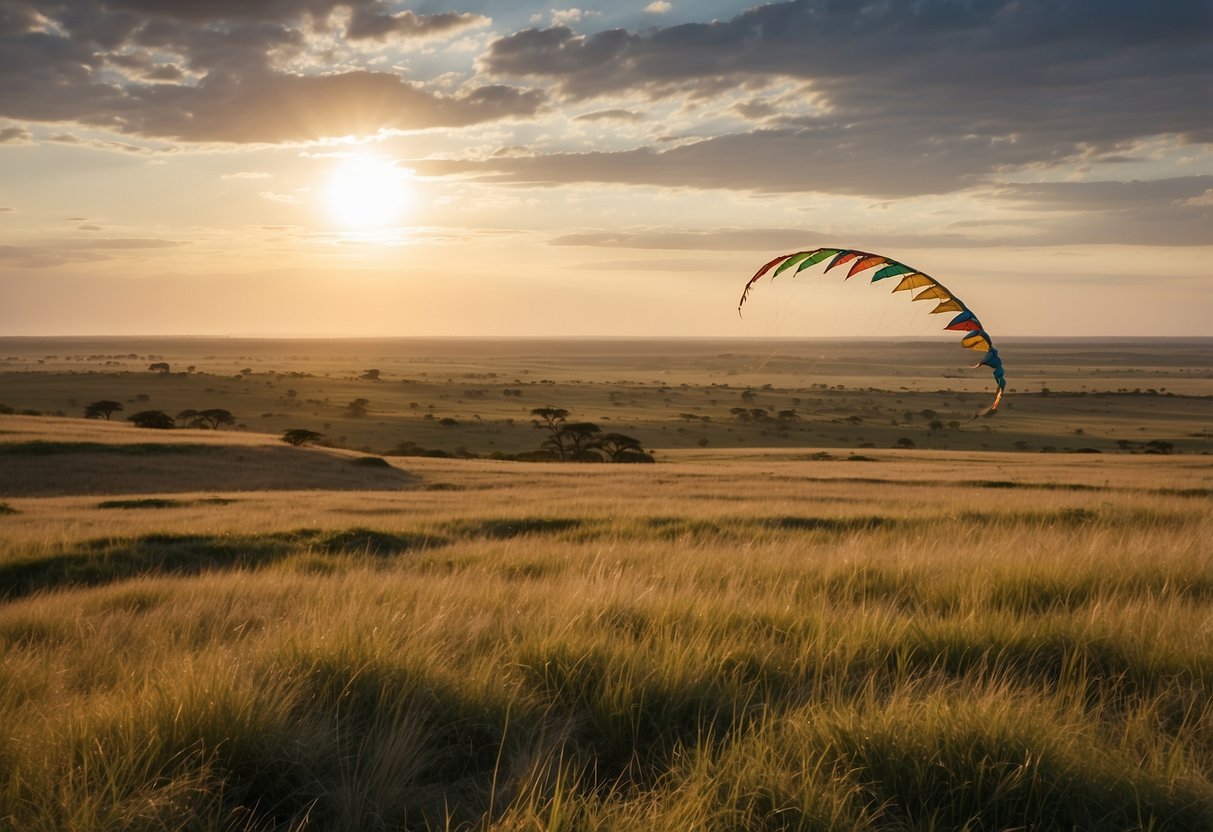 Vast grasslands of Maasai Mara, Kenya. Colorful kites soaring against the backdrop of the expansive savanna landscape