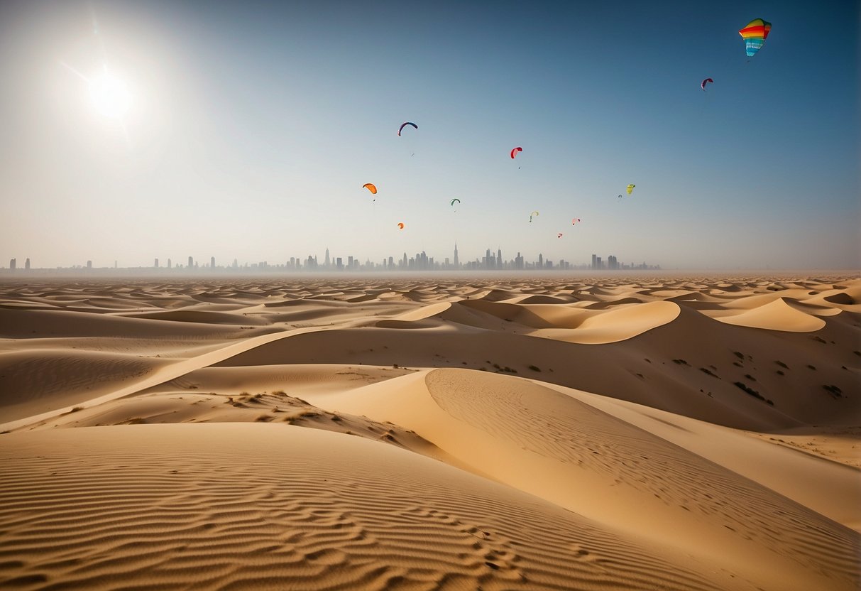A vast desert landscape in Dubai, UAE with colorful kites soaring in the clear blue sky. Sand dunes stretch out as far as the eye can see, creating a picturesque backdrop for kite flying