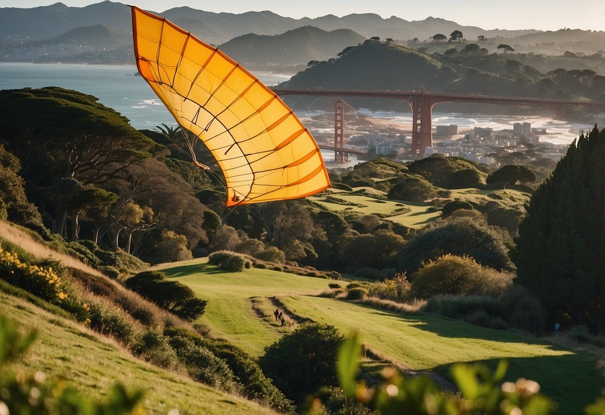 Golden Gate Park: lush greenery, winding paths, and open fields. Kites soaring against the backdrop of the iconic bridge