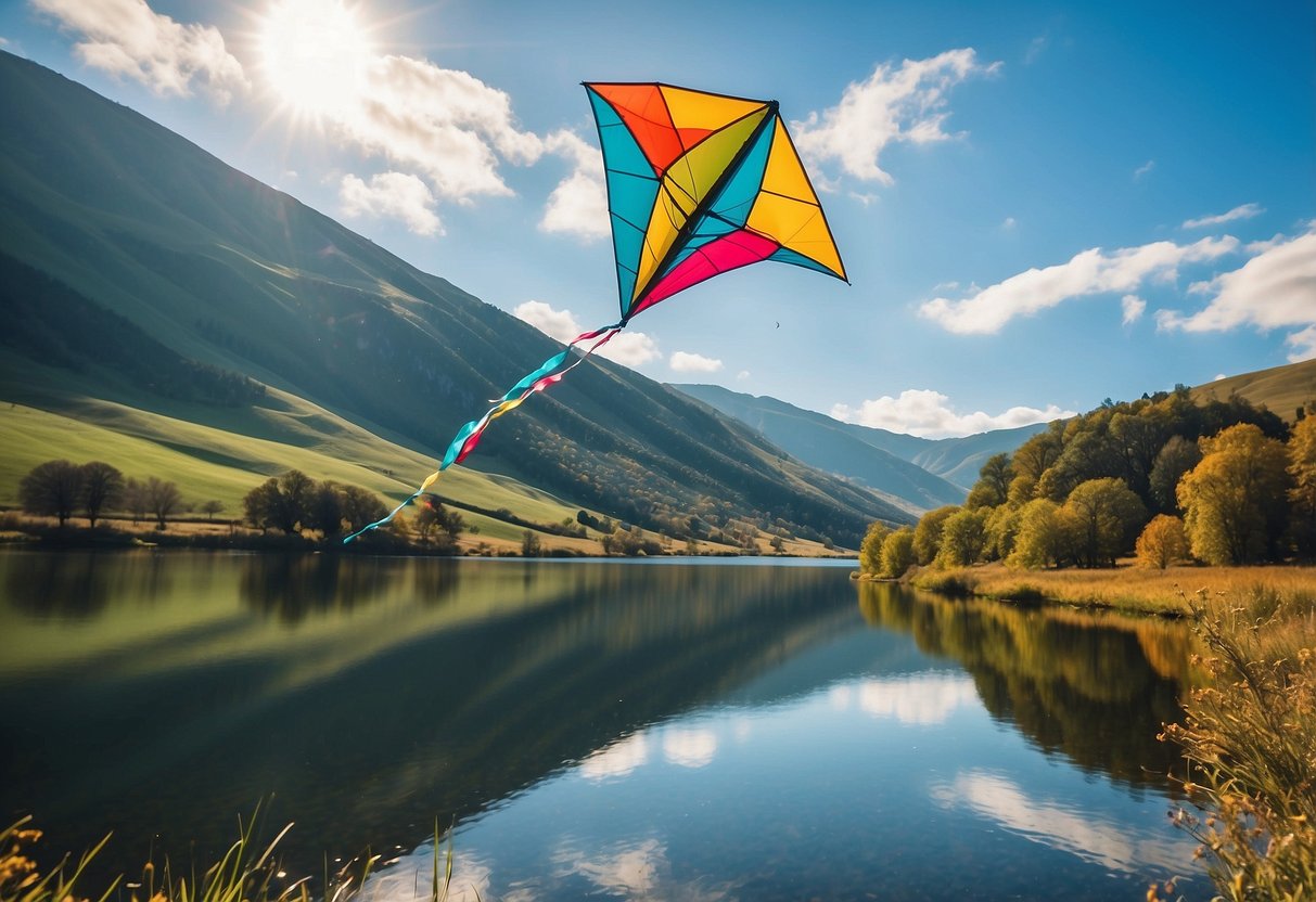 A colorful kite soars high above a picturesque landscape, with rolling hills, a sparkling lake, and a clear blue sky. The scene is peaceful and serene, with the kite adding a sense of joy and freedom to the setting