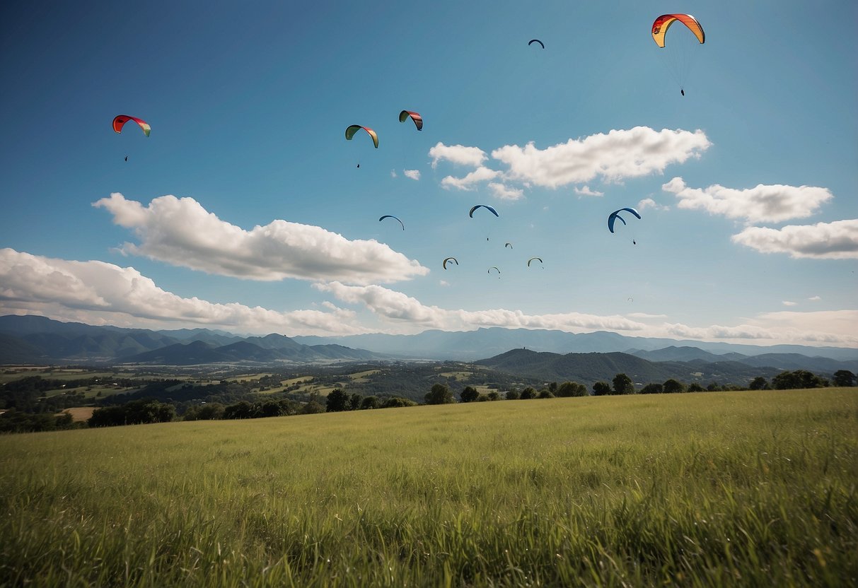 Clear blue skies, gentle breeze, and open fields or beaches. Kites soaring high against picturesque backdrops of mountains, oceans, or city skylines