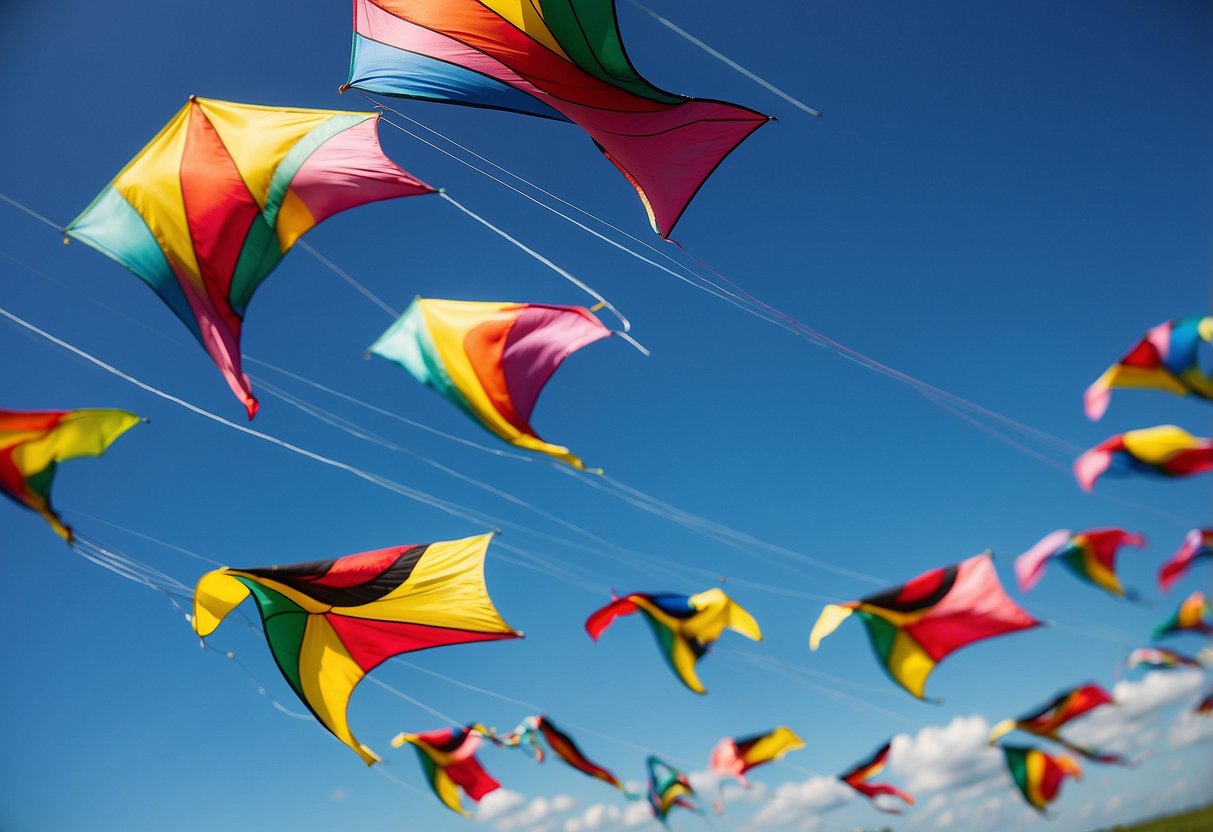 Colorful kites soar against a clear blue sky, while lightweight apparel flutters in the wind. The sun shines brightly, highlighting the joy of kite flying