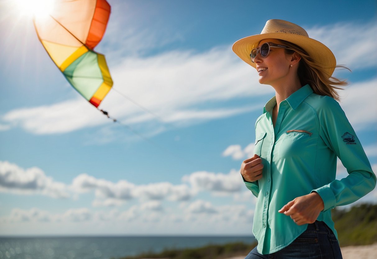 A colorful Columbia Women's PFG Tamiami II Long Sleeve Shirt billows in the breeze, paired with lightweight kite flying gear, against a bright, sunny sky