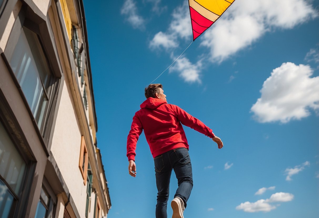 A colorful kite soars high in the clear blue sky, while a person in a lightweight hoody watches from below