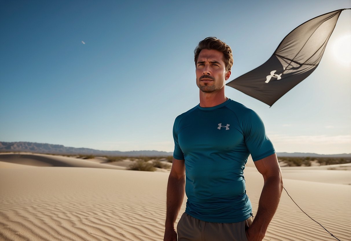 A desert landscape with a clear blue sky, a lone kite flying high in the air, and a folded Under Armour UA Tactical HeatGear Compression T-Shirt resting on the sand