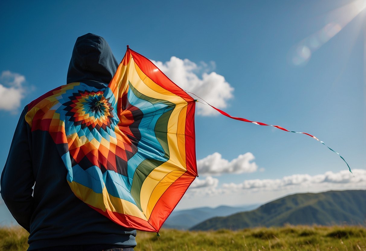 A colorful kite soars high in a clear blue sky, tethered to a figure wearing a vibrant REI Co-op Sahara Shade Hoodie, standing on a grassy hill