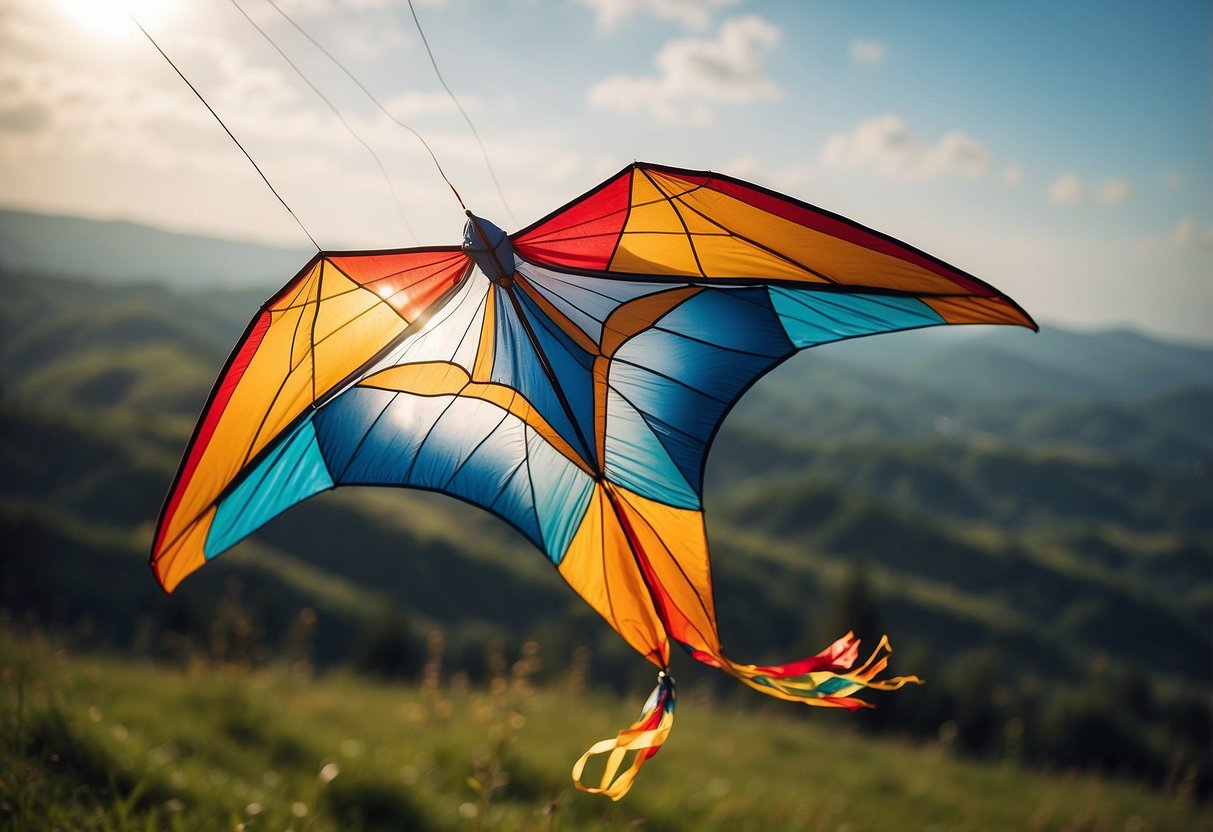 A colorful kite soars high in the sky, held by a lightweight, durable string. The kite flying apparel is made of breathable, weather-resistant materials, allowing the kite to glide effortlessly through the air