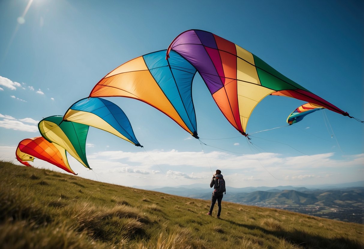 Bright colored kites soaring in the sky, with lightweight, durable apparel on the ground. Wind-resistant materials, adjustable straps, and vibrant patterns