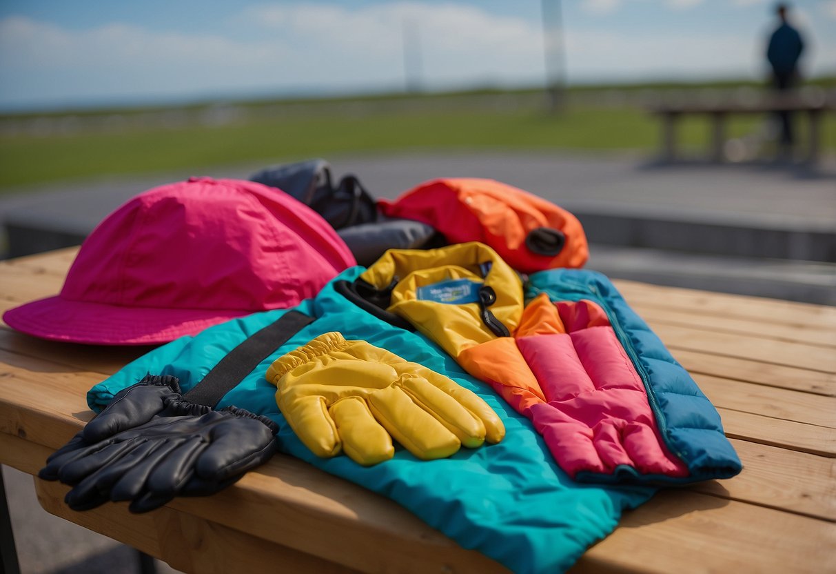 A colorful kite flying jacket hangs on a hook, while a pair of lightweight gloves and a hat rest on a table nearby. The apparel looks well-maintained and ready for a day of kite flying