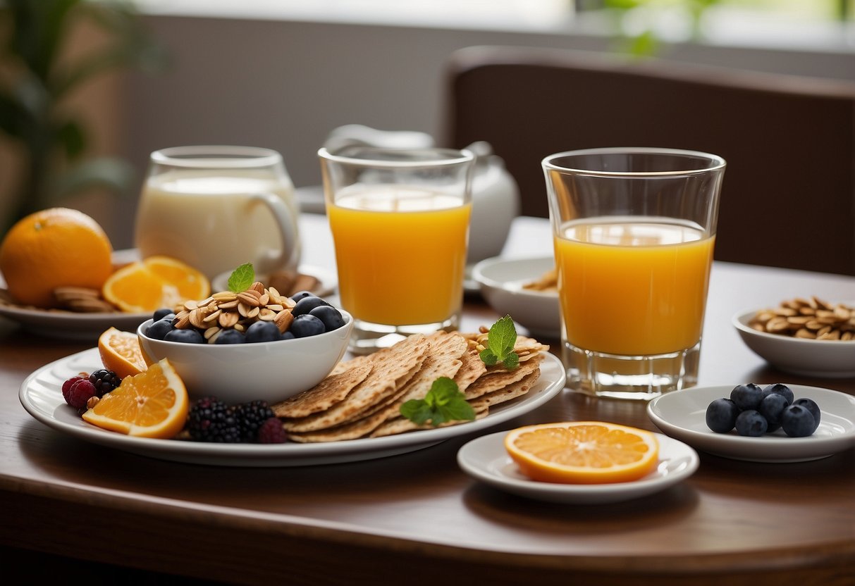 A table set with a variety of breakfast foods, including fruits, yogurt, granola, and eggs. A cup of coffee and a glass of orange juice sit next to the plate