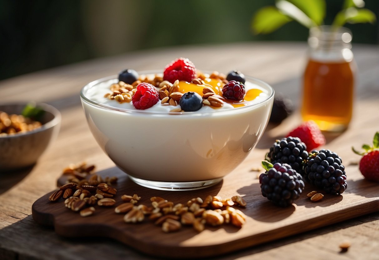 A bowl of Greek yogurt topped with drizzled honey and fresh berries sits on a wooden table, surrounded by a scattering of granola and nuts