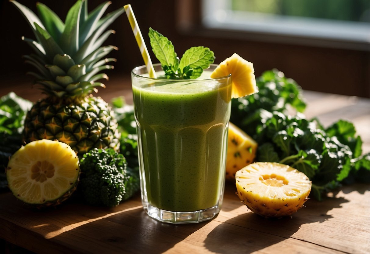 A vibrant green smoothie sits on a table, surrounded by fresh kale leaves and juicy chunks of pineapple. The morning sunlight streams in, casting a warm glow on the refreshing beverage