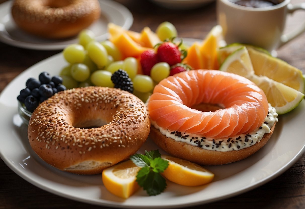 A whole grain bagel topped with smoked salmon sits on a plate, surrounded by fresh fruit and a cup of hot coffee