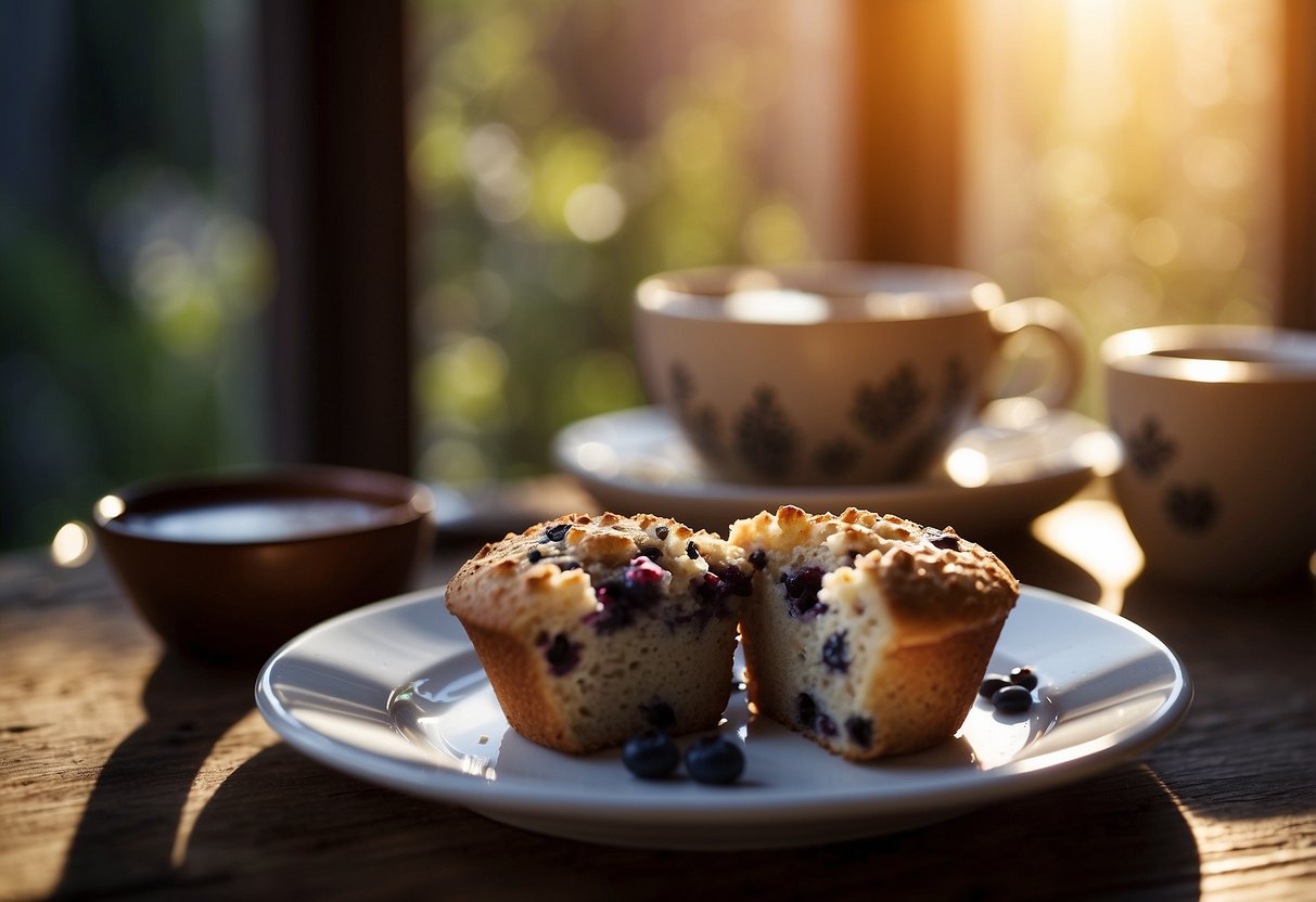 A plate of blueberry muffins with chia seeds sits on a wooden table, next to a steaming cup of coffee. The morning sun streams in through a window, casting a warm glow on the breakfast spread