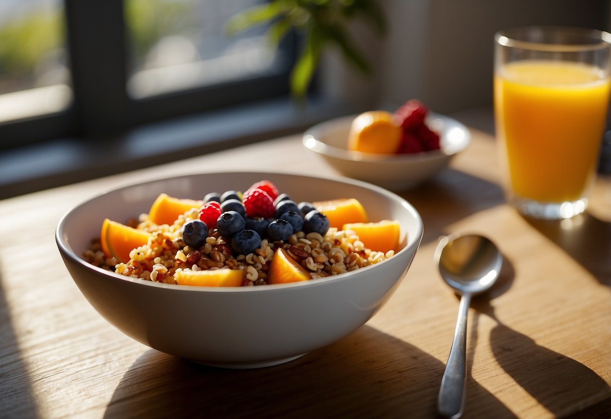 A colorful quinoa breakfast bowl with sweet potato, nuts, and berries sits on a table next to a glass of orange juice. The morning sunlight streams in through a window, casting a warm glow on the scene