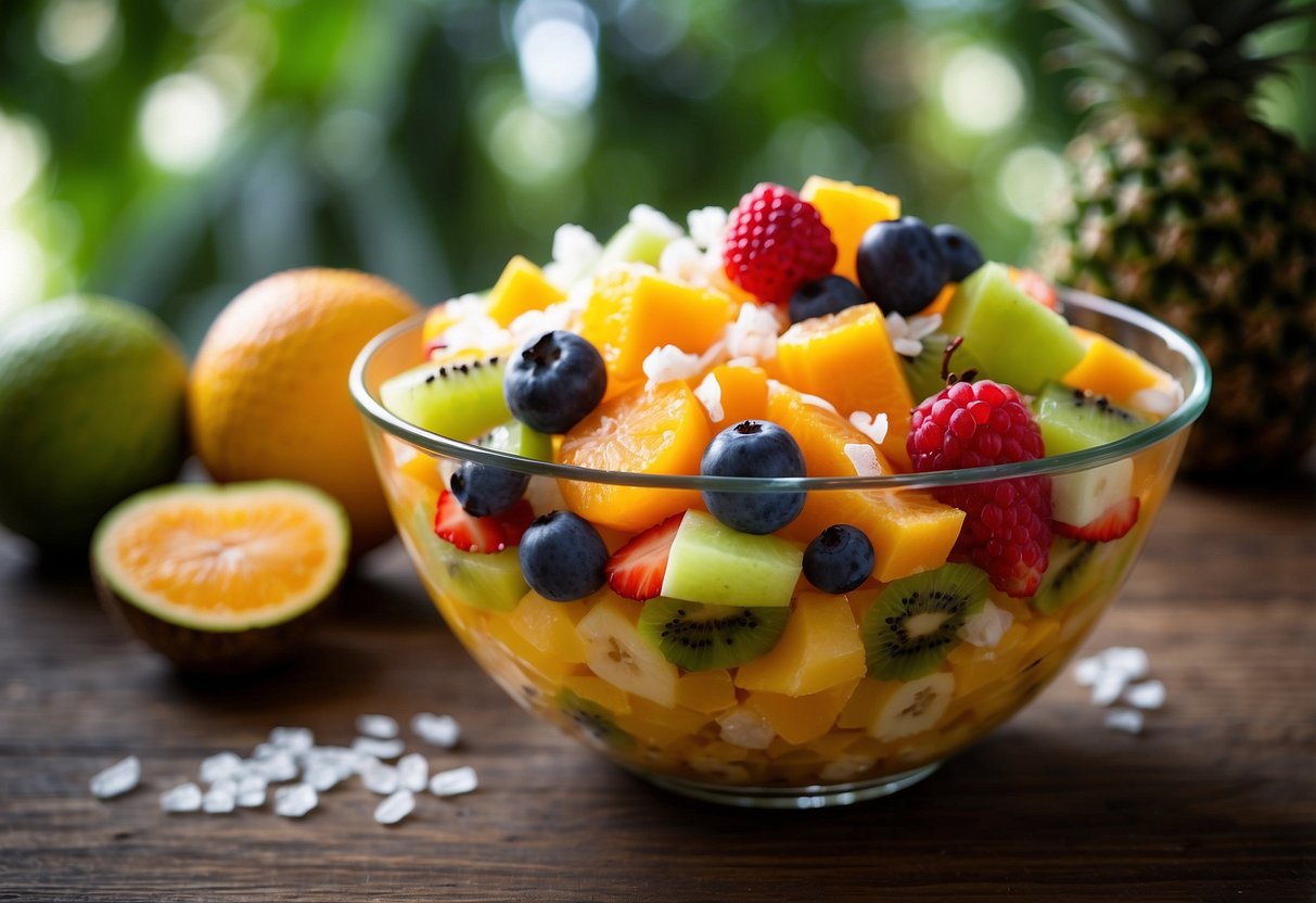 A vibrant bowl of tropical fruit salad topped with coconut flakes sits on a wooden table, surrounded by colorful fruits and a glass of fresh juice