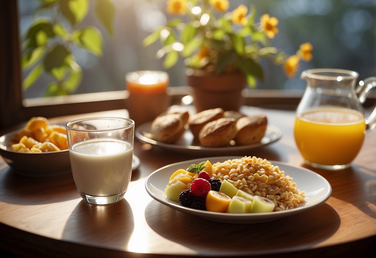 A table set with a variety of breakfast foods, including fruits, whole grains, and protein sources. A glass of water and a cup of coffee sit nearby. Sunrise streams through a window