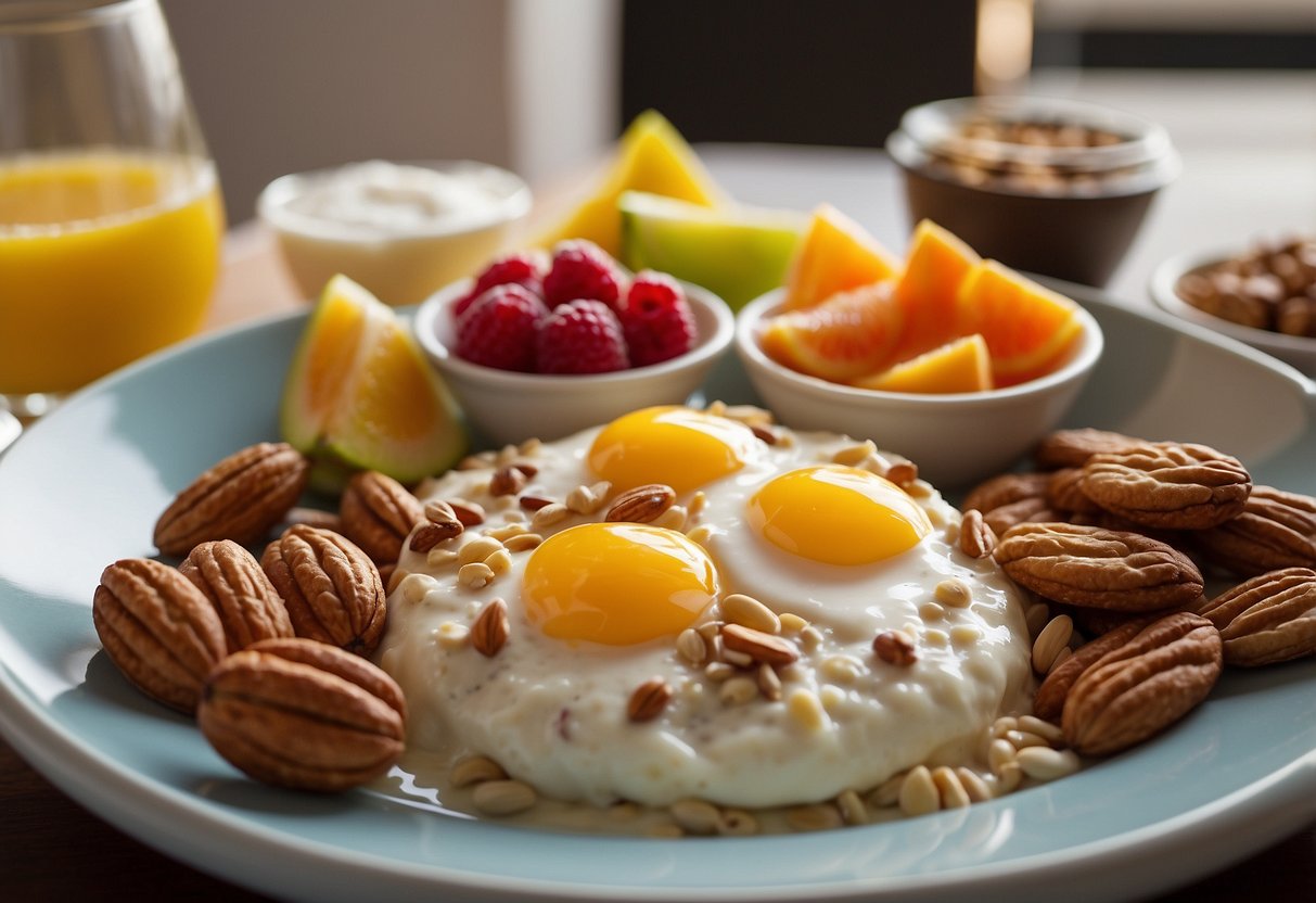 A table with various breakfast options: oatmeal, yogurt, fruit, and nuts. Avoiding heavy, greasy foods like bacon and sausage. Energy-boosting choices for a pre-flight meal