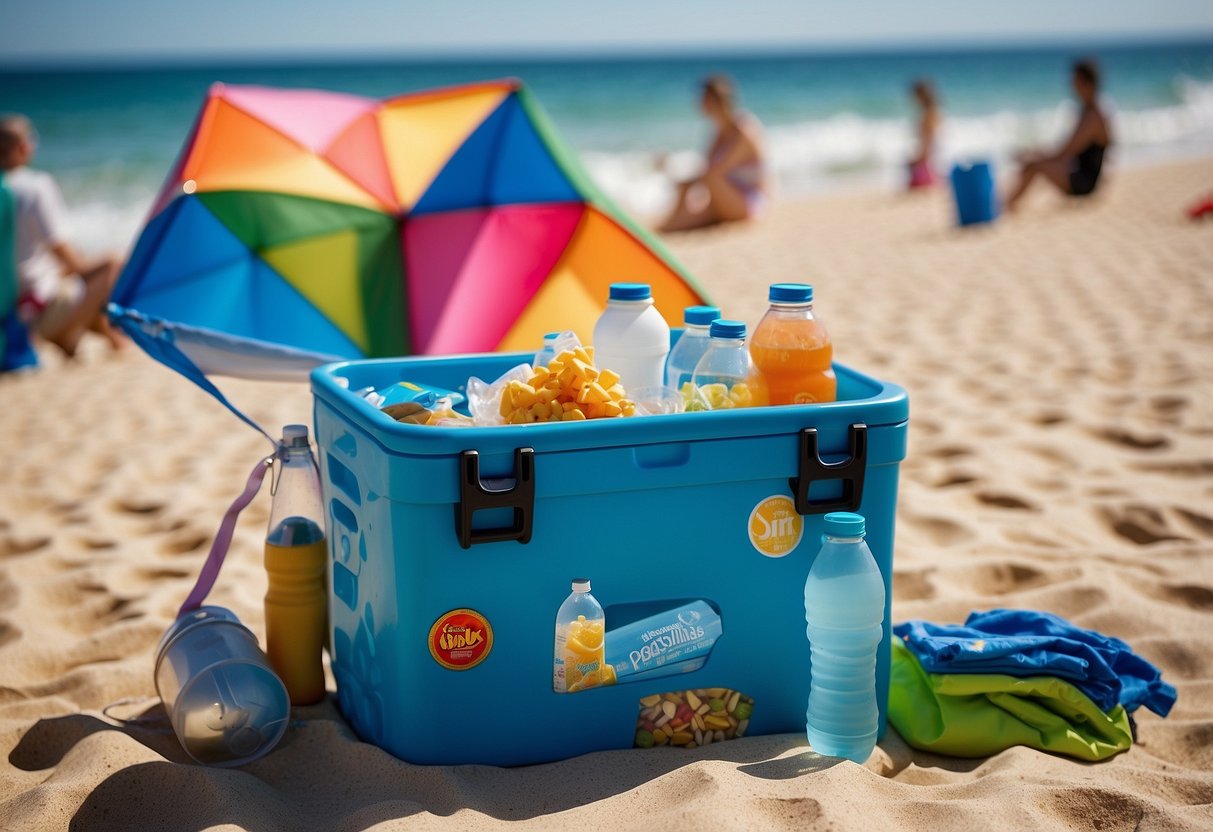 A sunny beach with a clear blue sky, a colorful kite flying high in the air, a cooler filled with ice-cold water bottles, a small table with hydrating snacks, and a family or group of friends enjoying the day