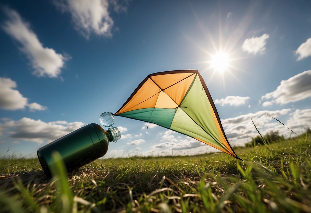 A kite flying high in the sky, with a reusable water bottle placed on the ground nearby. The sun is shining, and the grass is green