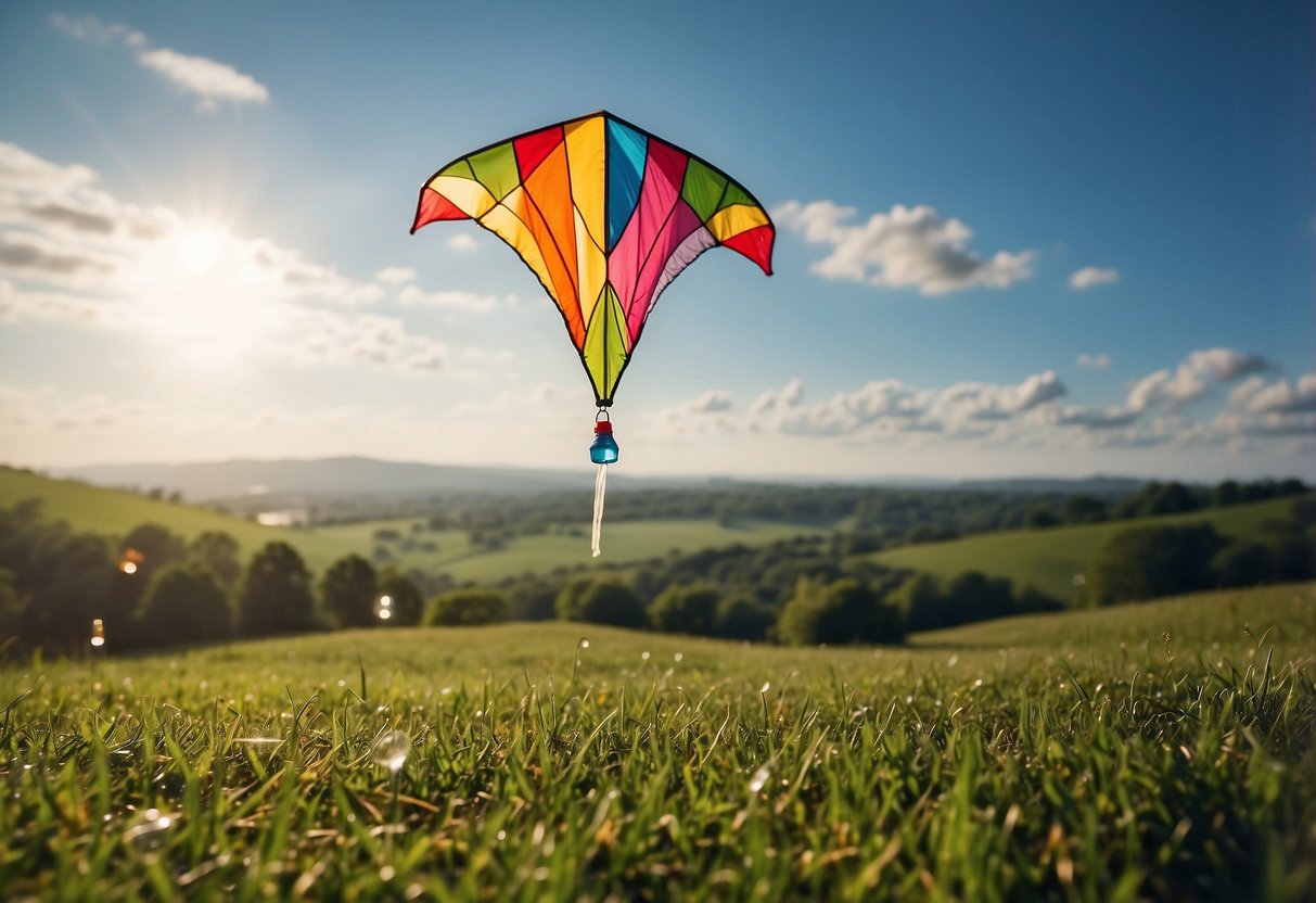 A colorful kite soaring in the sky, while a bottle of electrolyte-rich beverage sits on the grassy field below. The sun is shining and the scene exudes a feeling of refreshment and hydration