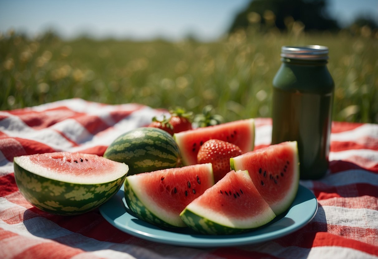 A picnic blanket with watermelon, cucumber, and strawberries. A kite flying in the background with a clear blue sky