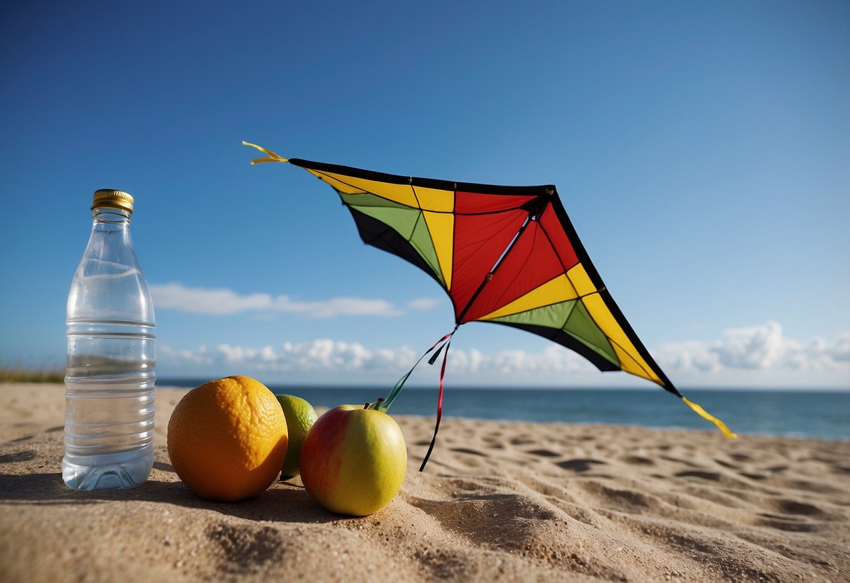 A kite flying in a clear blue sky, with a water bottle and fruit nearby. Avoid caffeinated drinks sign posted nearby
