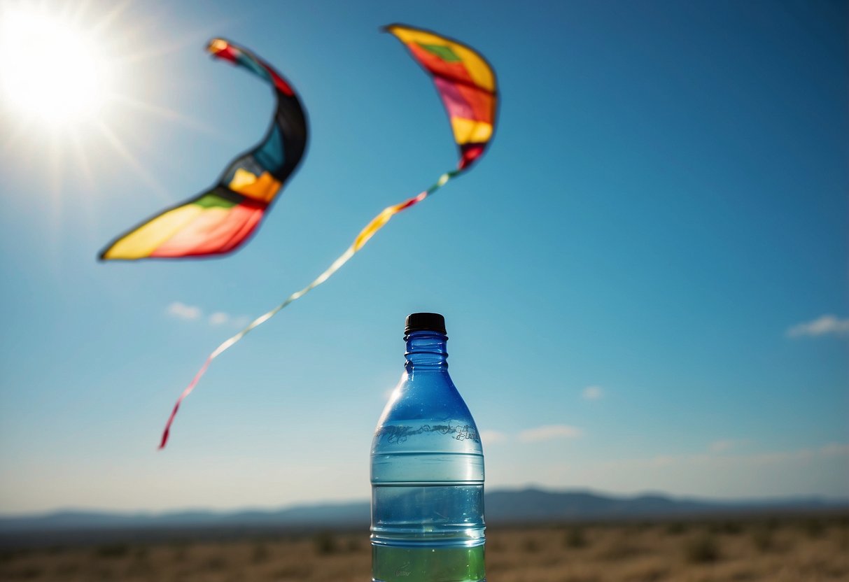 A kite flying in a clear blue sky, with a water bottle and a timer set for regular sips nearby