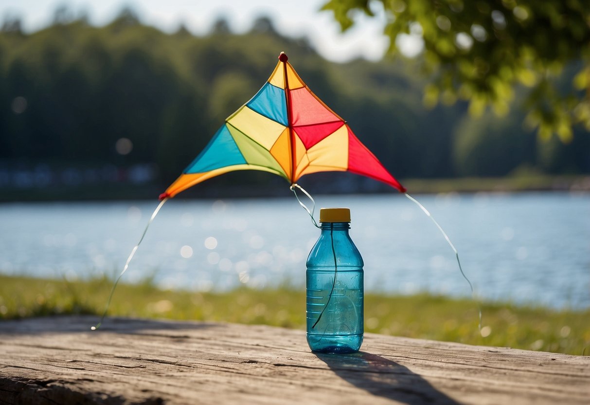 A colorful kite soars high in the sky, while a water bottle sits nearby. The sun shines brightly, and a gentle breeze blows, as the kite flies gracefully in the air