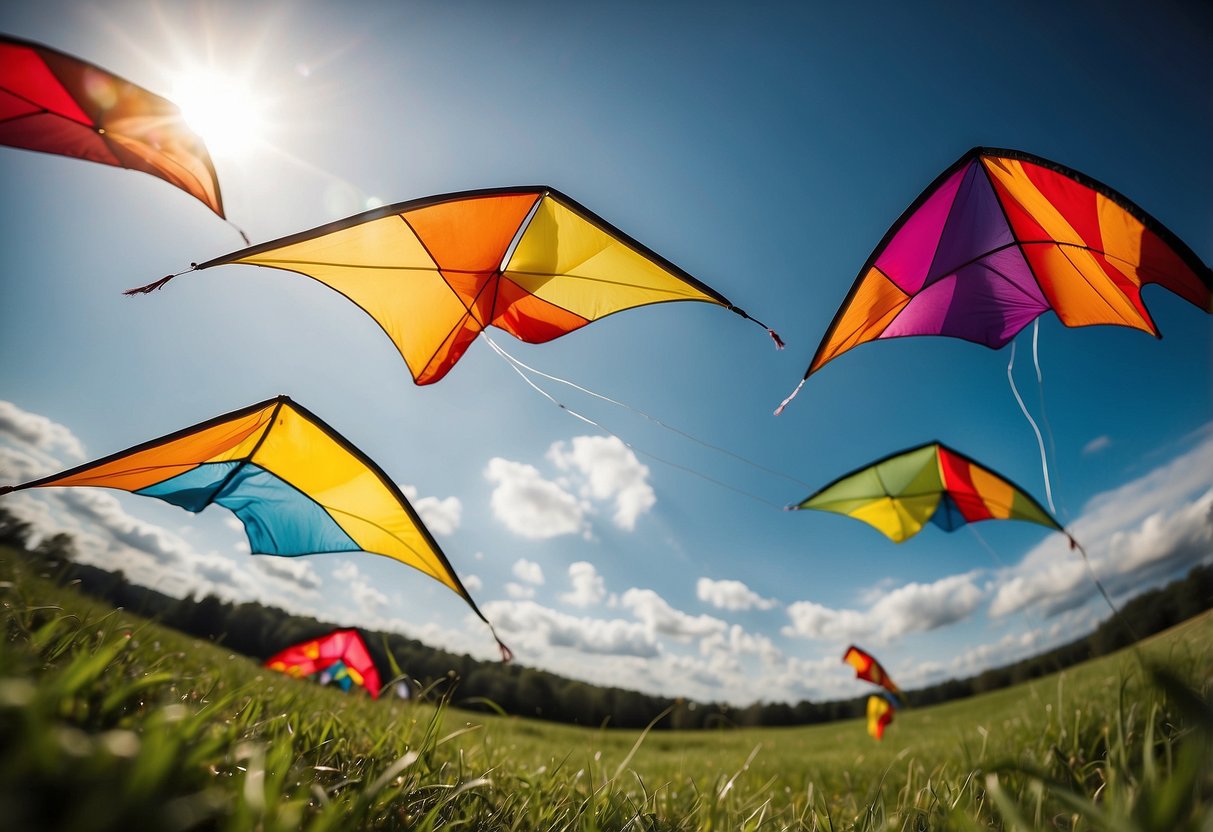 Colorful kites soaring in the sky, while protective gloves lay on the grassy ground. Wind blowing, sun shining, and a sense of freedom in the air