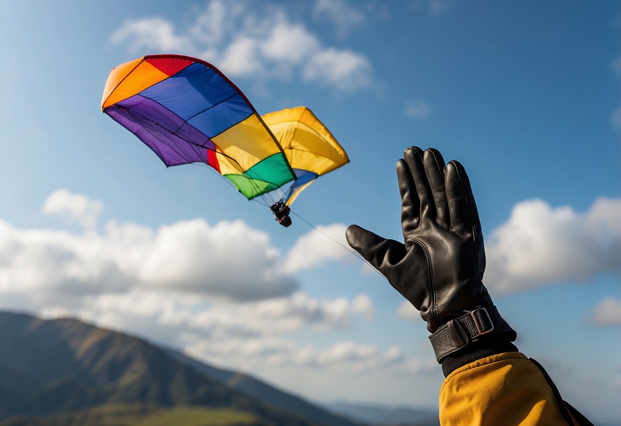 A pair of RINCO Gear Full Finger Gloves flying through the air, with a colorful kite soaring in the background