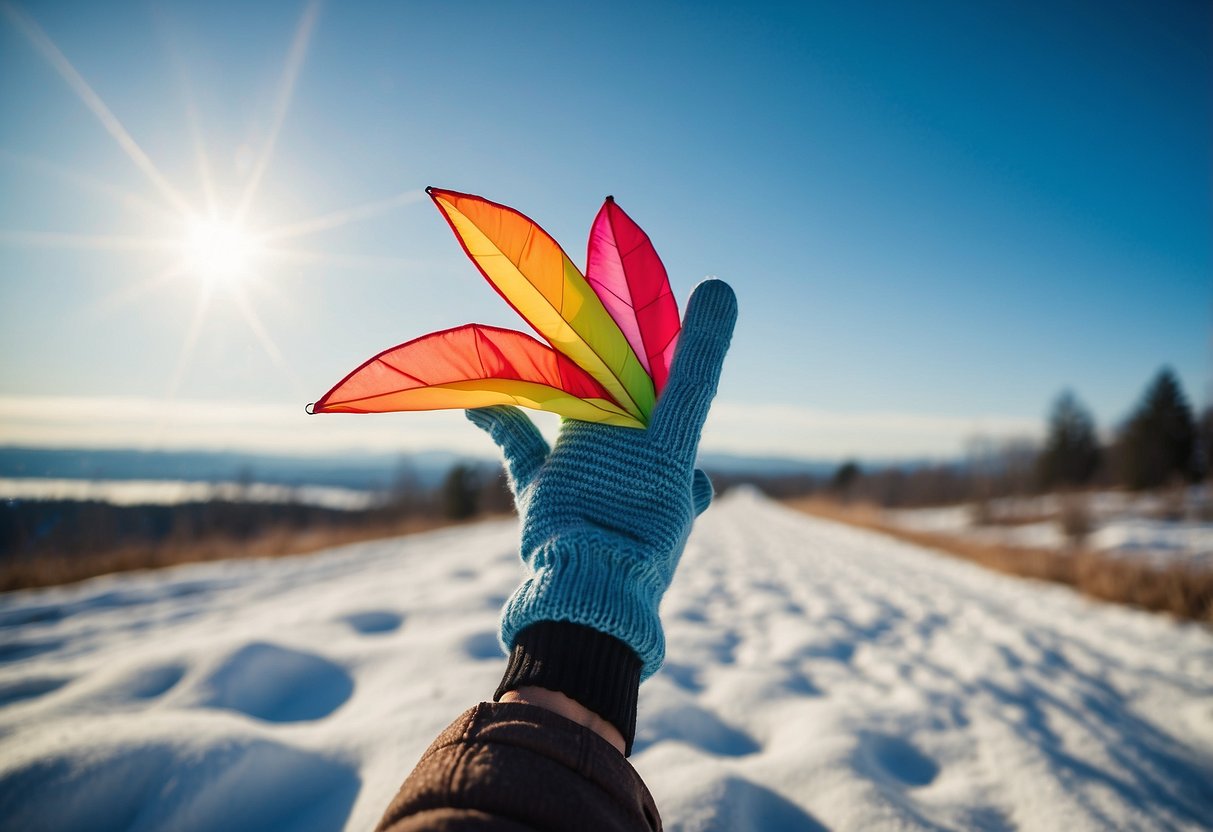 A pair of BRUCERIVER Winter Knit Gloves flying a colorful kite in a clear blue sky, with the gloves providing protection and comfort for the wearer