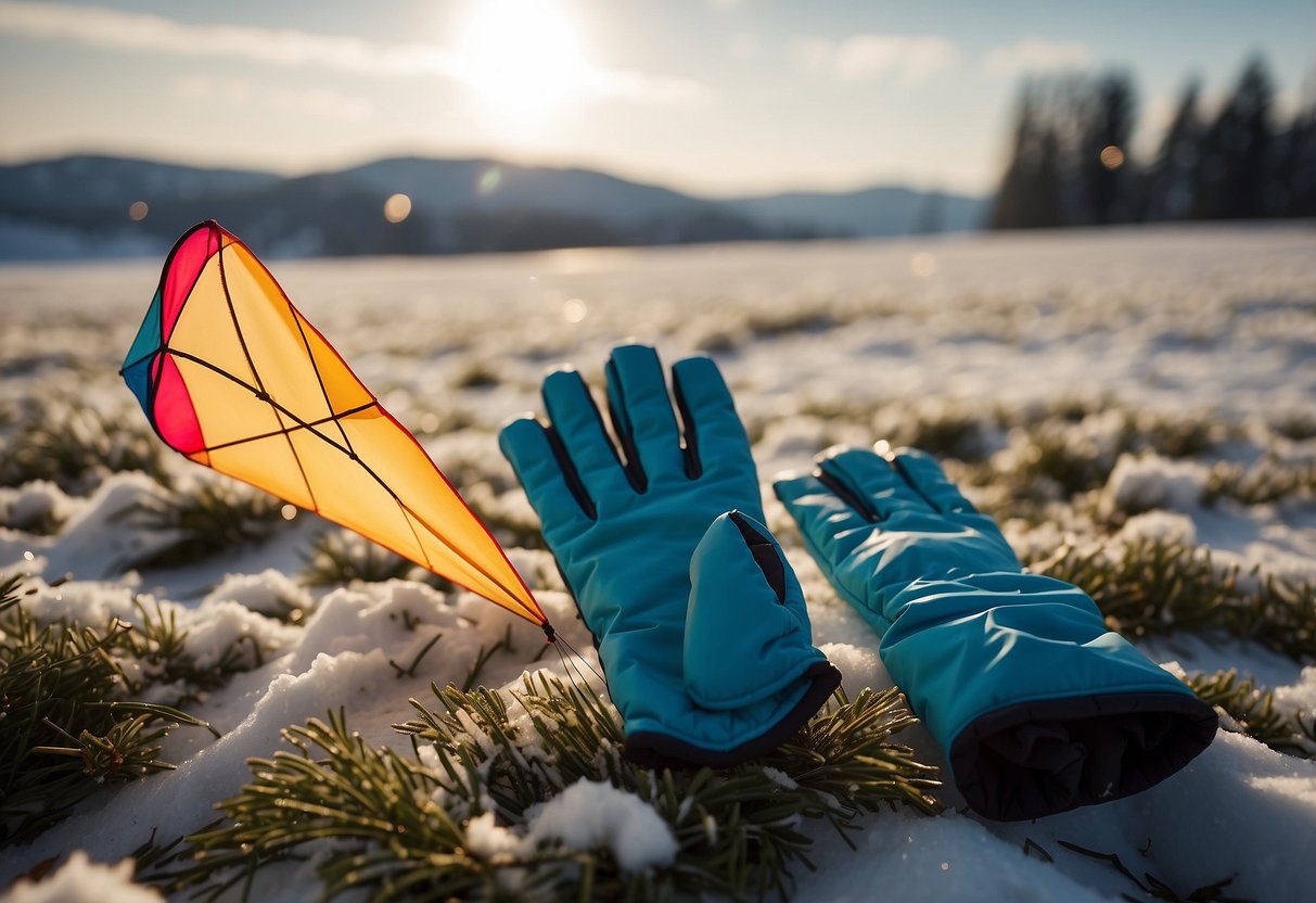 A snowy field with colorful kites soaring high, while a pair of waterproof gloves lies nearby, ready for protection against the winter chill