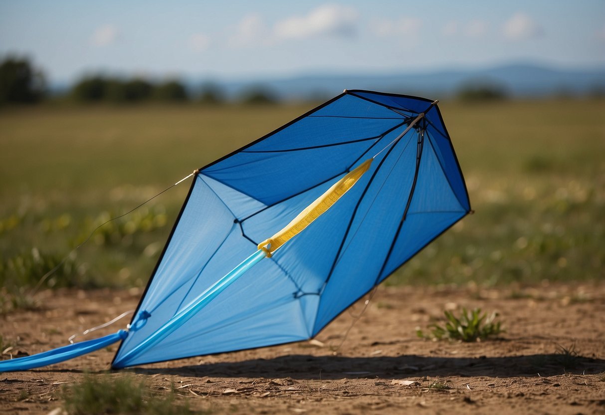 A bright blue kite soars high in the sky, tethered to the ground with a sturdy string. Nearby, a small first aid kit is open, displaying essential items such as bandages, antiseptic wipes, and scissors